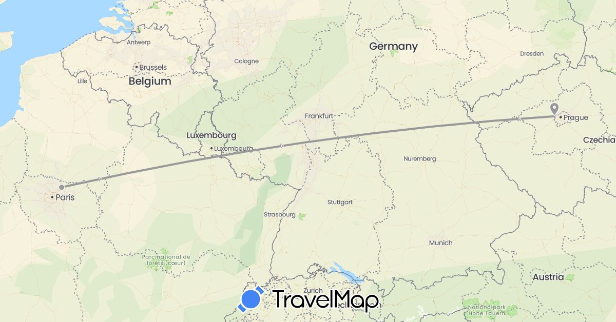 TravelMap itinerary: plane in Czech Republic, France (Europe)